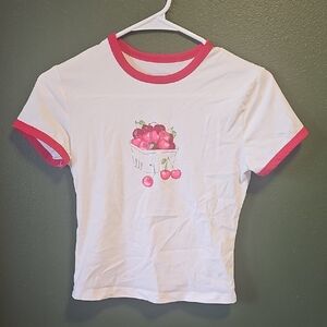 Grayson Threads Cherry Print T-Shirt with Red Accents Ringer Tee Cropped Size XS